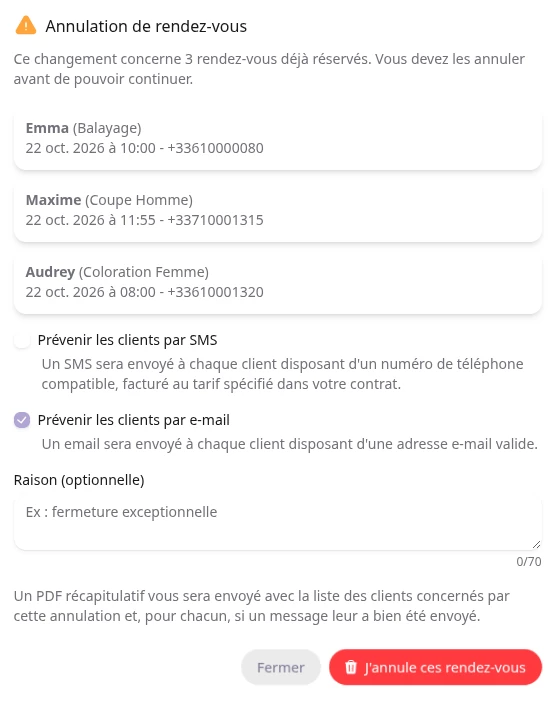 Capture d'écran de la fonctionnalité "Un imprévu ? Annulez tous les RDV d'une période facilement." dans Institeo