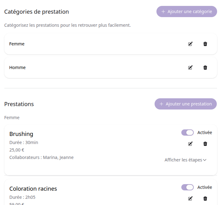Catégorisation des prestations