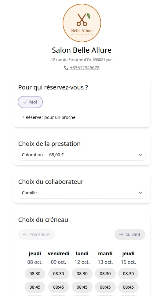 Capture d'écran de la fonctionnalité "Réservation en ligne, sans commission" dans Institeo